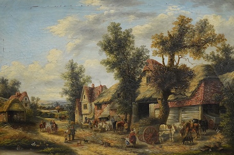 C. Morris, oil on canvas, Village scene with figures and horses, signed, 49 x 75cm, ornately gilt framed. Condition - some losses to the paint